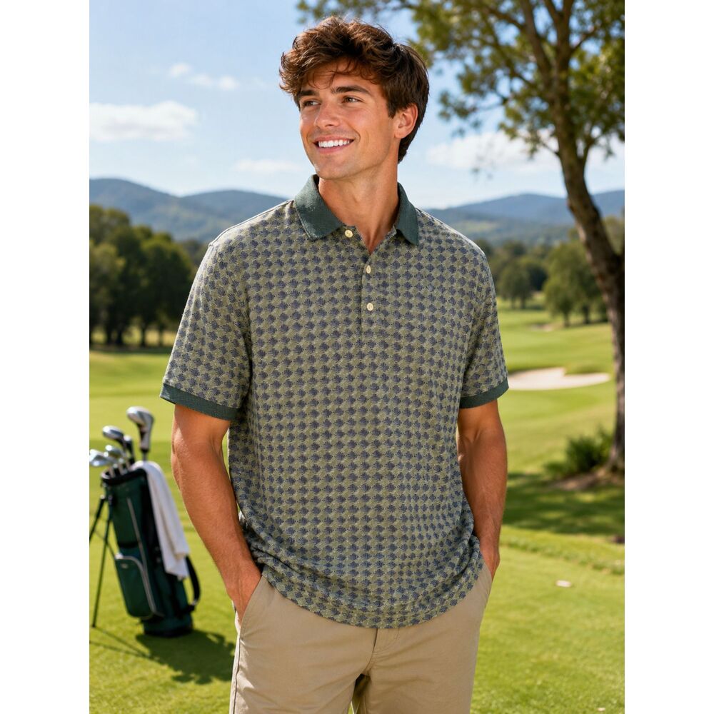 Vintage 90s River Trader Mens Size Medium Polo Shirt Green Blue Geometric Golf